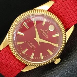 Vintage 1977 Roamer Manual Mens Gold Watch W/Nato Strap & Red accents